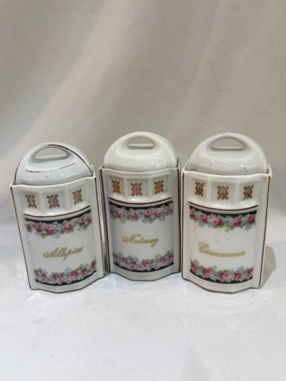 Set 3 Antique German Porcelain Lidded Spice Jars Cinnamon Nutmeg Allspice AS IS